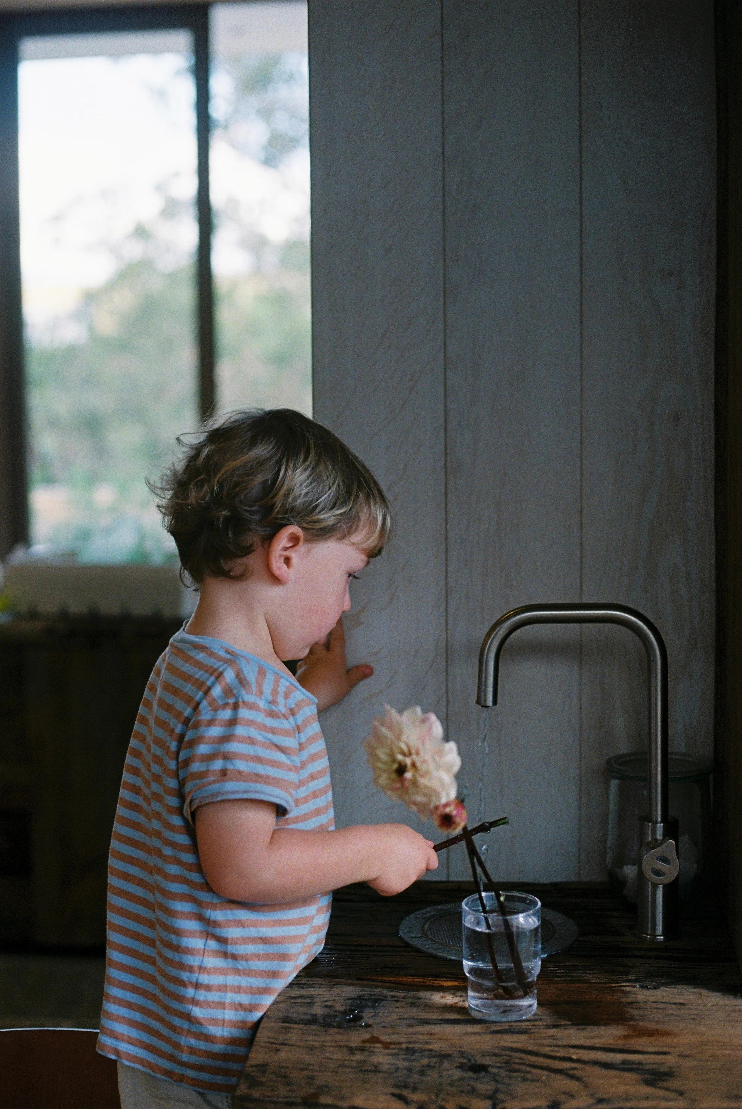 Young child in striped shirt places white flower in water glass by wooden counter. Natural light streams through open window.