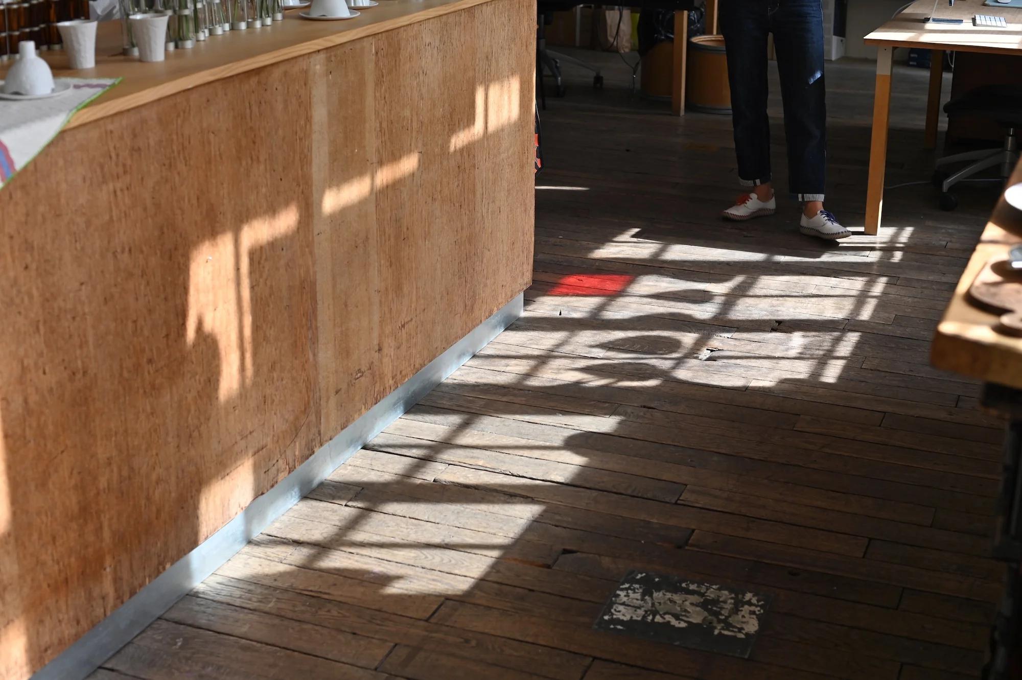 Sunlight through gridded window casts shadows. Person by wooden counter with various items. Elegant, chaotic scene.