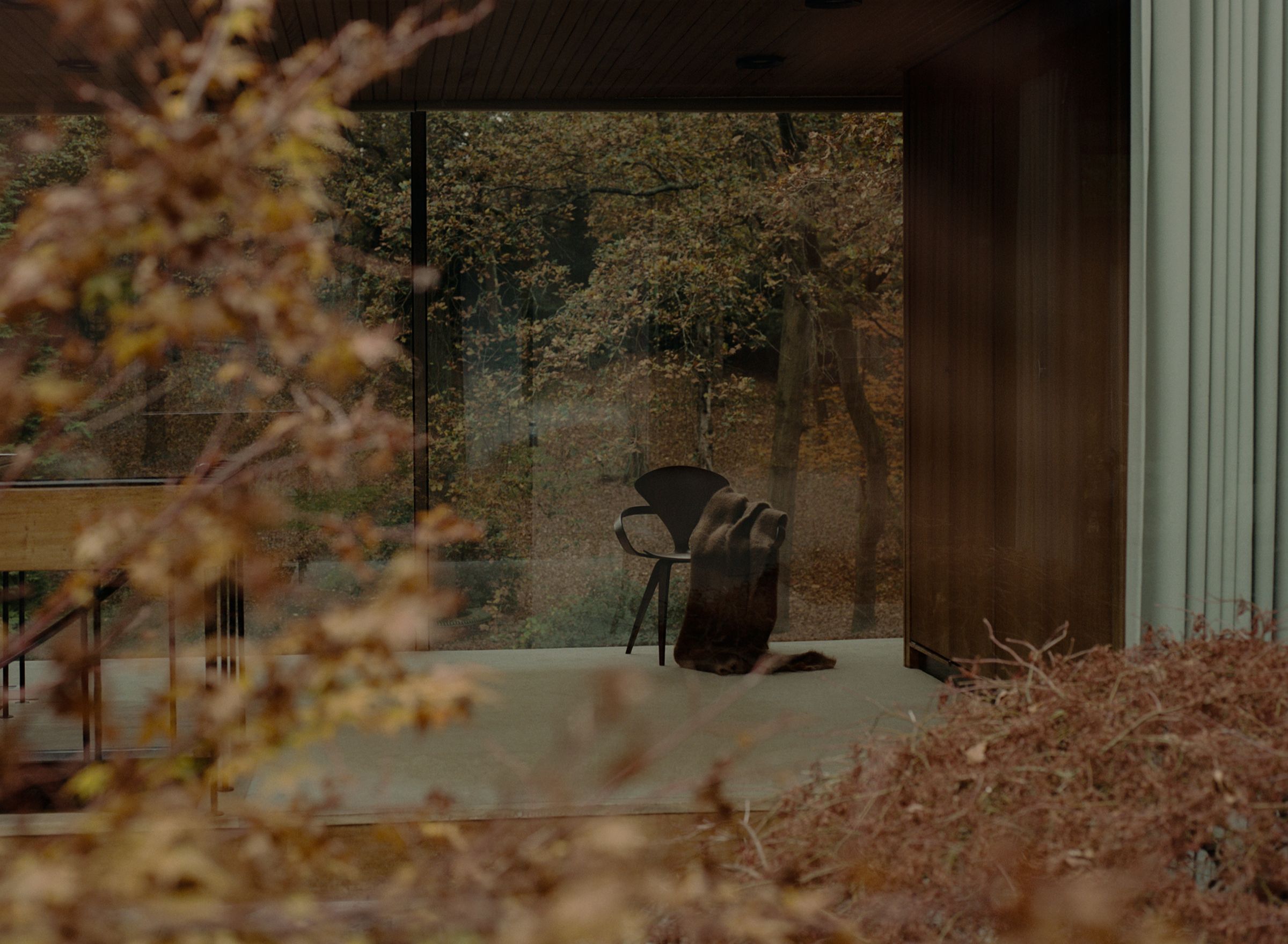 a blanket is laid over a chair in the window of a house surrounded by trees