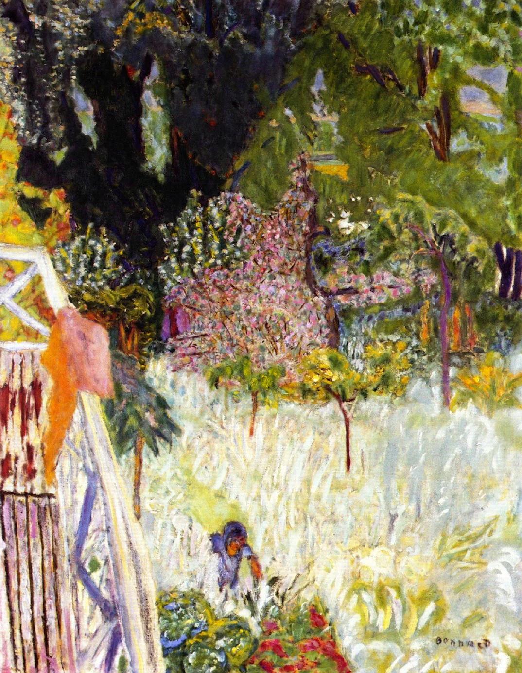 Impressionist painting of lush garden. White structure on left, person tending plants amid greenery, flowers, and trees.