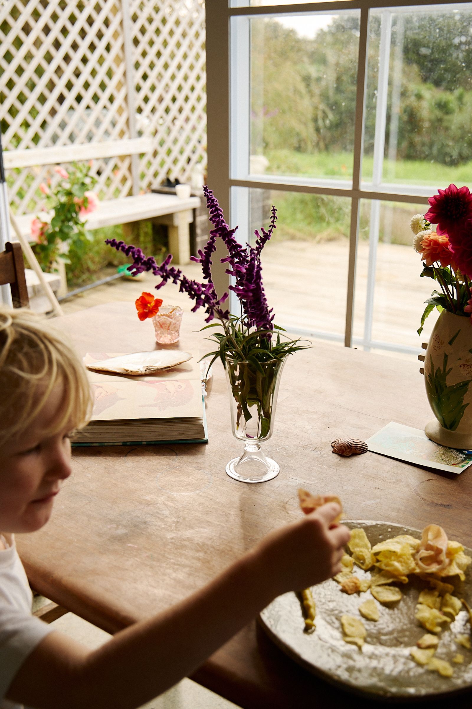 son reached for chips on a plate at dining table with vase of flowers
