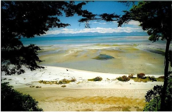 Panoramic beach view: white sand, greenery, shallow blue waters. Distant mountains under blue sky with scattered clouds inspire nature-themed designs.