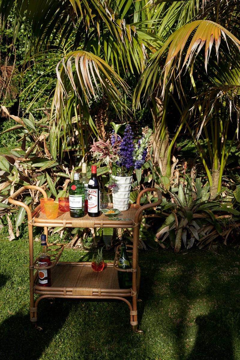 Bamboo bar cart on lawn with bottles, glasses, and purple flowers. Surrounded by tropical plants in sunlit setting.