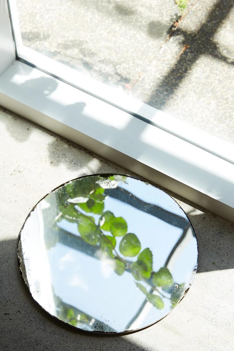 Mirror on ground near window, reflecting leaves and sky. Sunlight casting shadows on concrete floor.