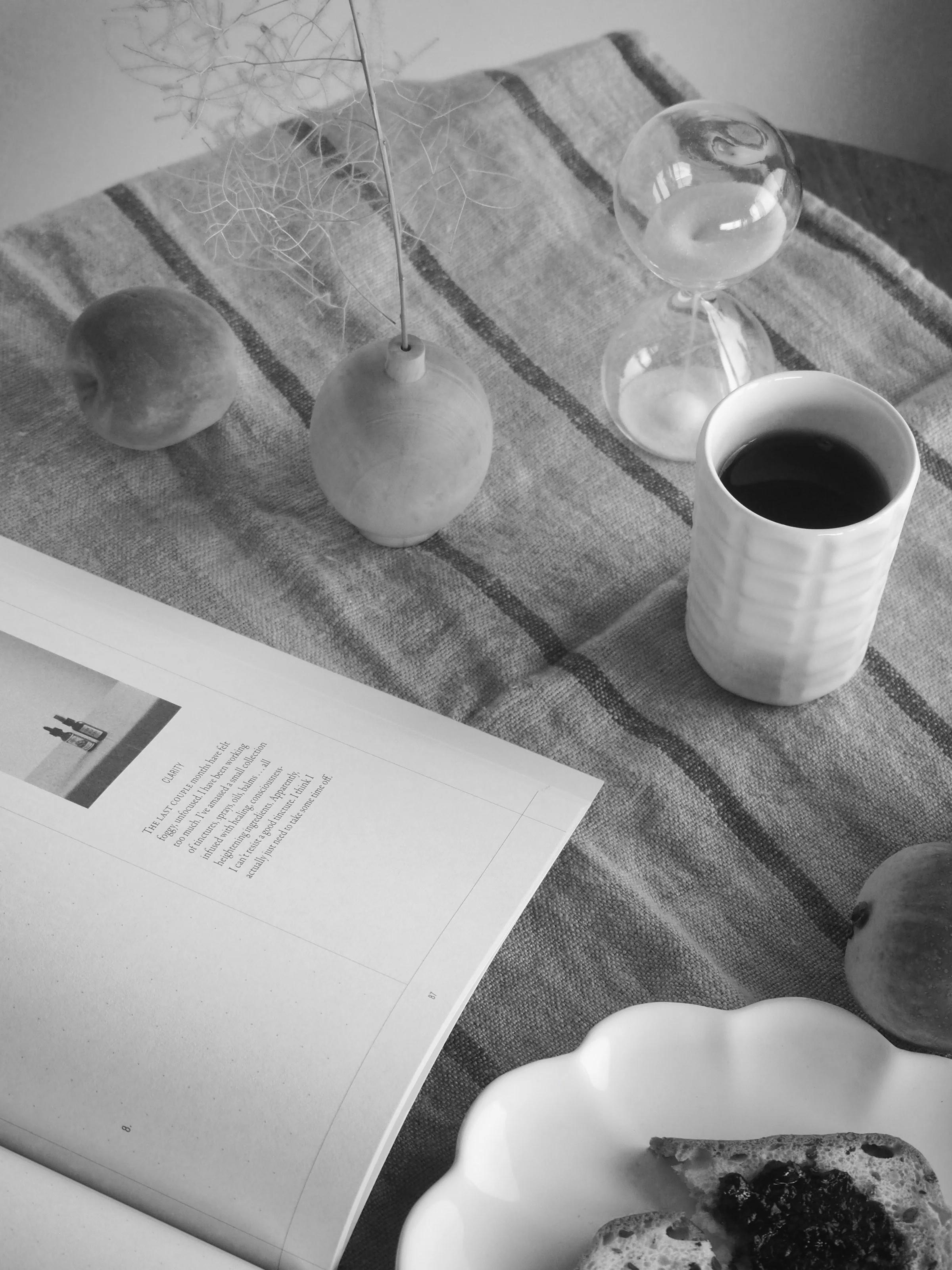 Black and white image of a table with an open book, coffee cup, vase, toast with jam, and peaches on a striped cloth, capturing a quiet morning scene.