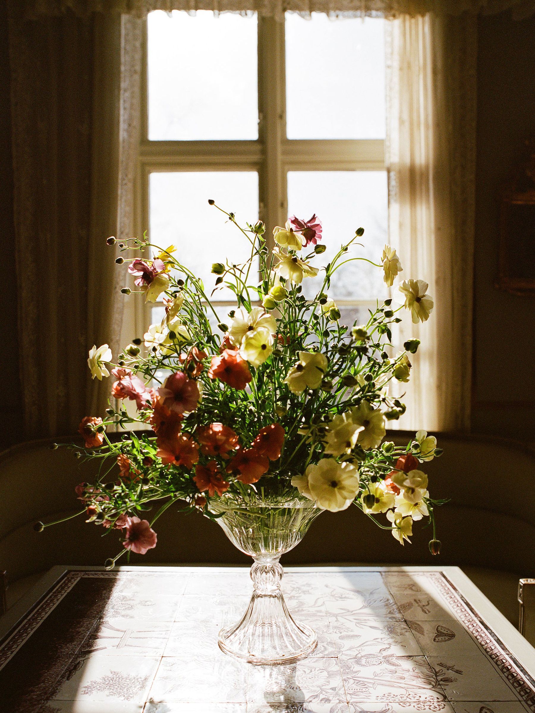 clear fluted vase sits in windowsill catching sunlight through sheer curtains