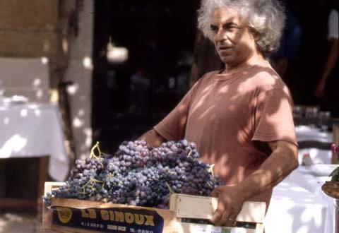 Person with grey curly hair carrying grape crate labeled "LE CINOUX". Outdoor market background with white-clothed tables.