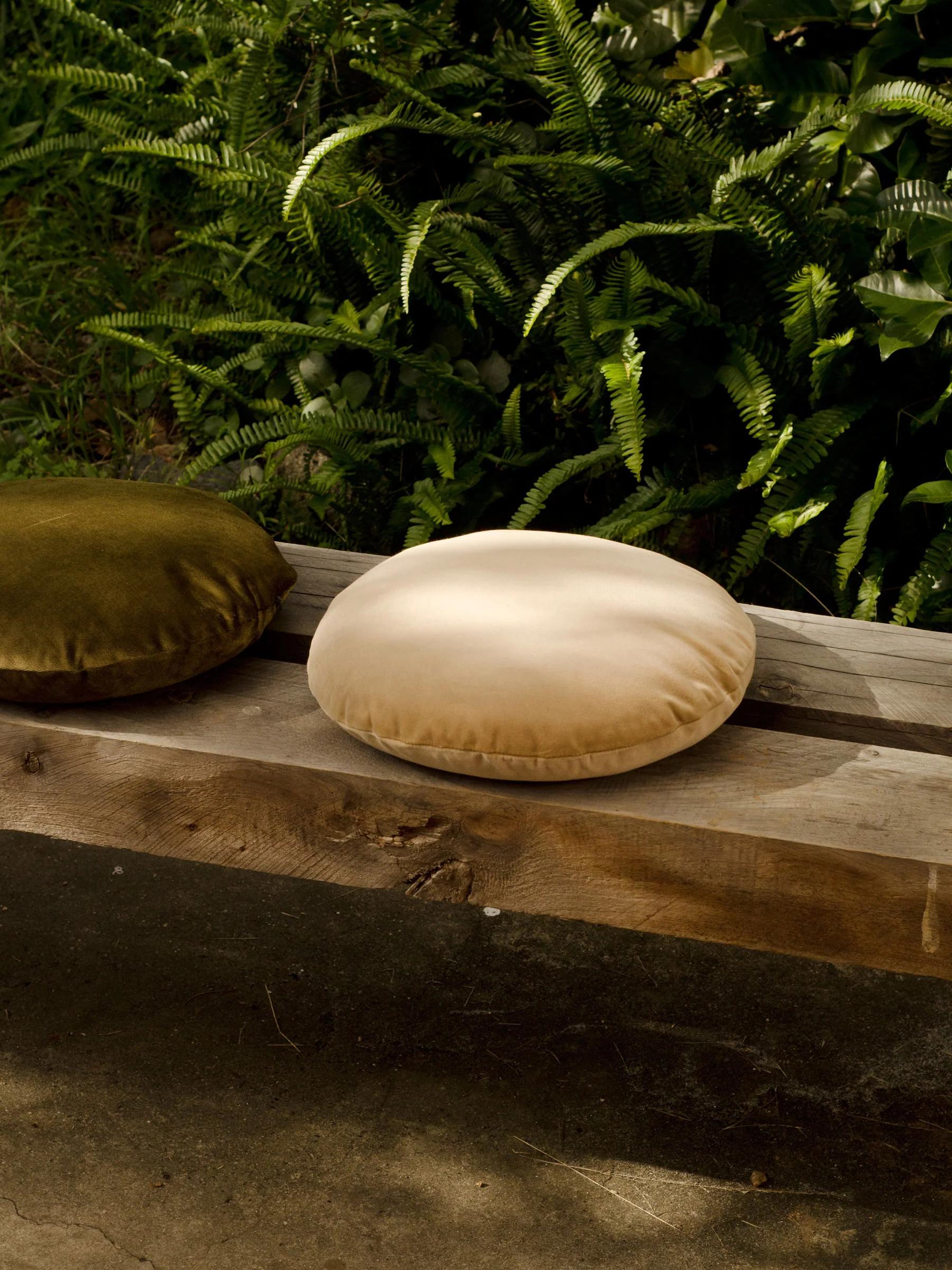 Wooden garden bench holds dark green and beige round cushions. Lush ferns in background, sunlight filtering through leaves.