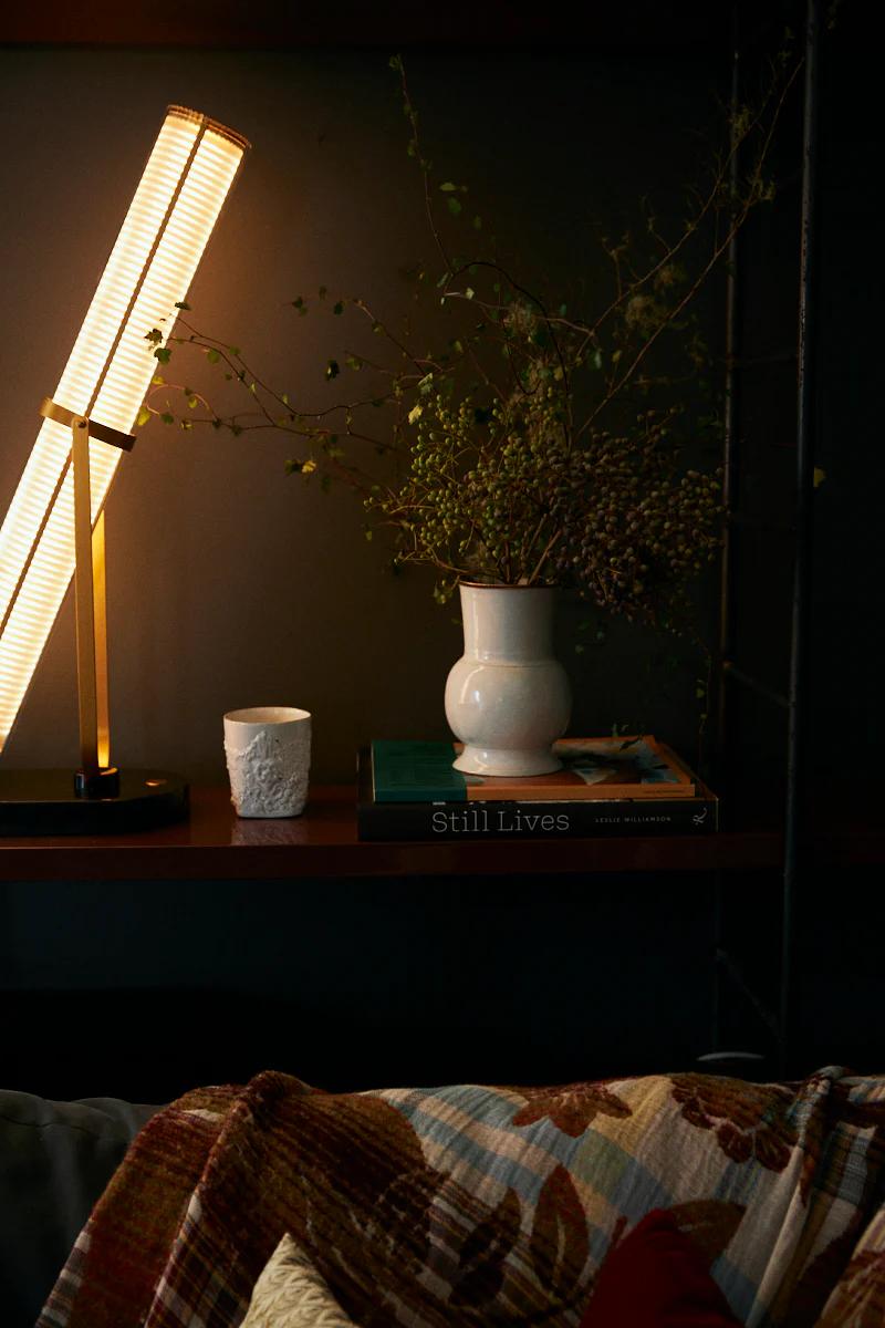 Modern lamp, textured candle, and vase with branches on wooden shelf. Plaid and floral blanket on couch. "Still Lives" book visible.