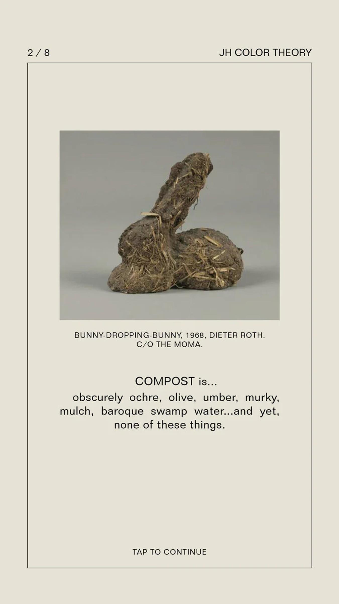 Art piece titled "Bunny-Dropping-Bunny, 1968" by Dieter Roth at MOMA. Resembles bunny made from organic materials.