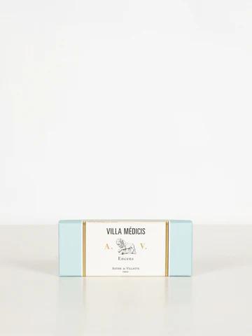 Light blue Villa Médicis soap box from Astier de Villatte. Label features lion illustration and indicates "Savon" of "Encre" variety.