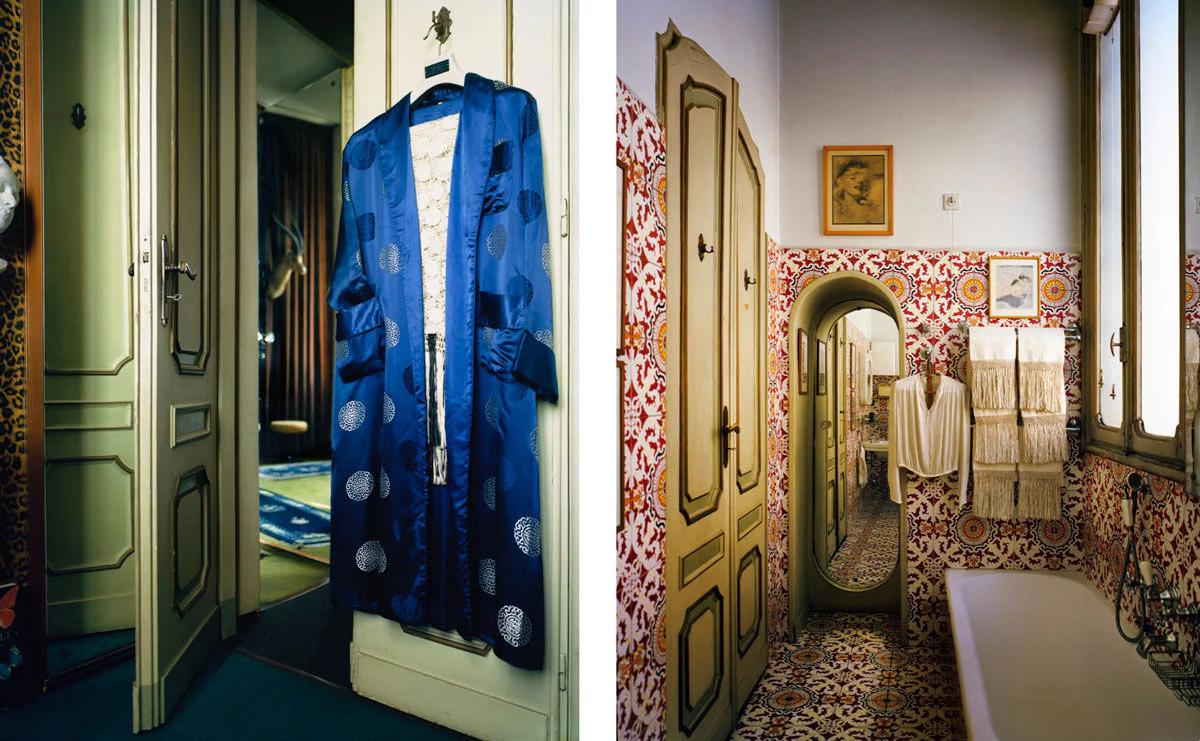 Split image: Left shows blue dotted robe on door. Right reveals vintage bathroom with patterned tiles, bathtub, and framed artworks.