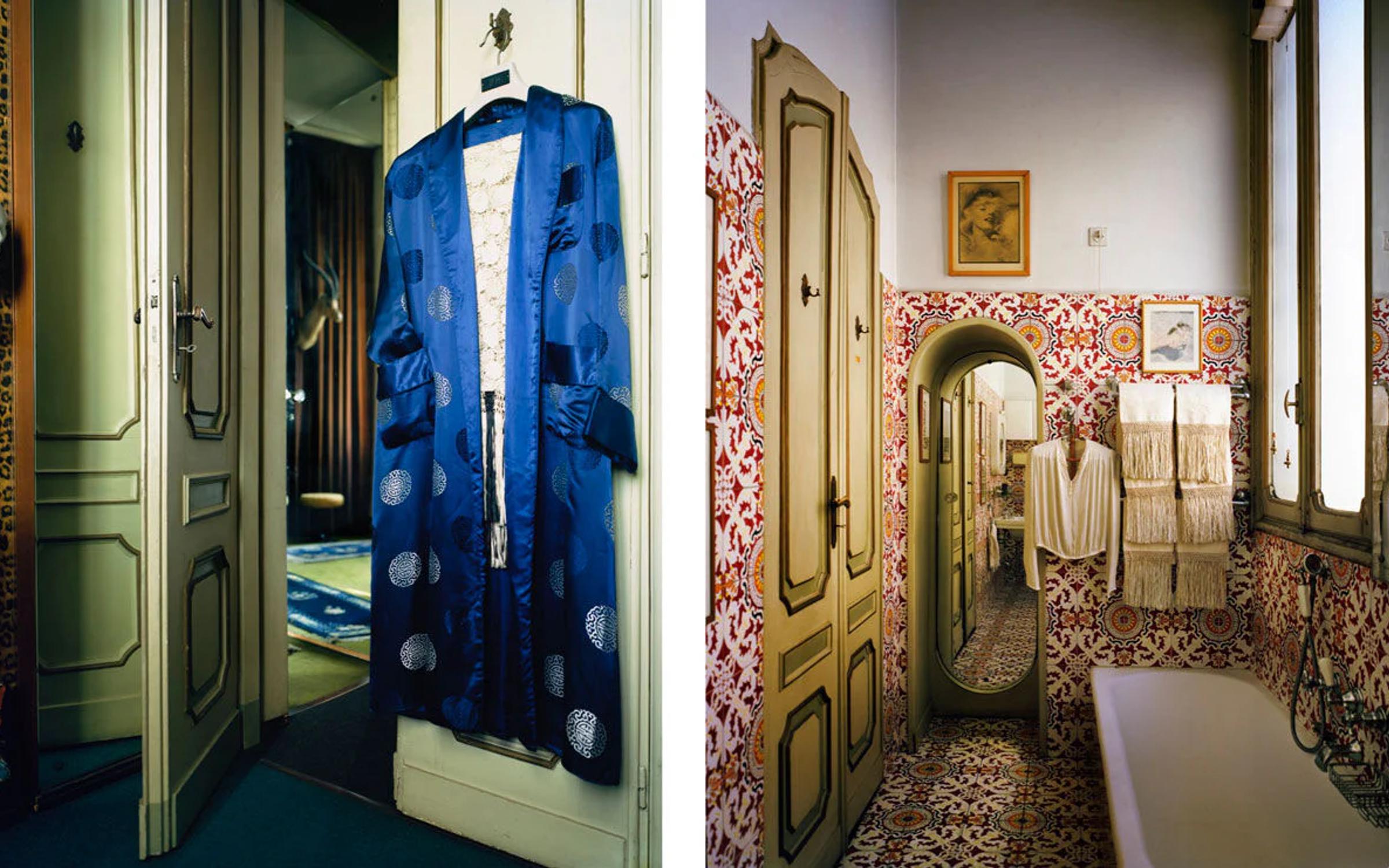 Split image: Left shows blue dotted robe on door. Right reveals vintage bathroom with patterned tiles, bathtub, and framed artworks.