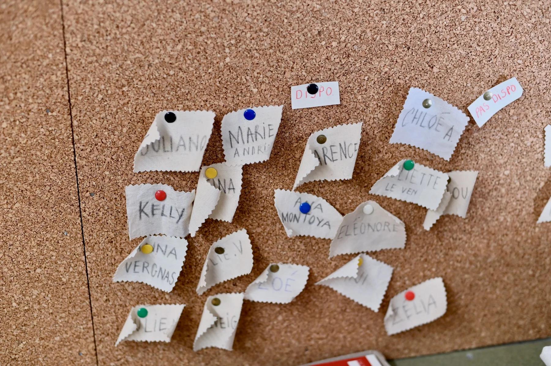 Sheared fabric scraps with handwritten names pinned to corkboard using colourful thumbtacks.