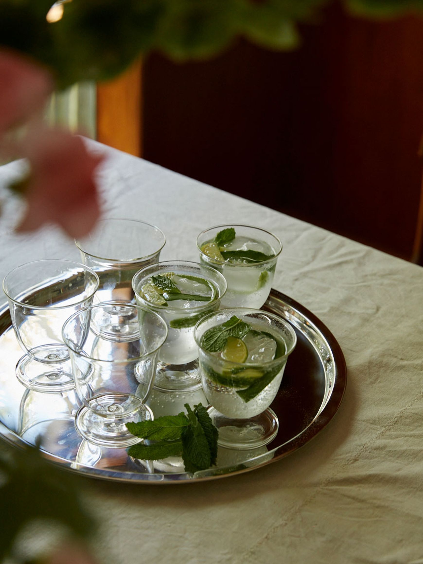 Stainless Steel Tray set with glasses filled with sparkling water with mint and lemon