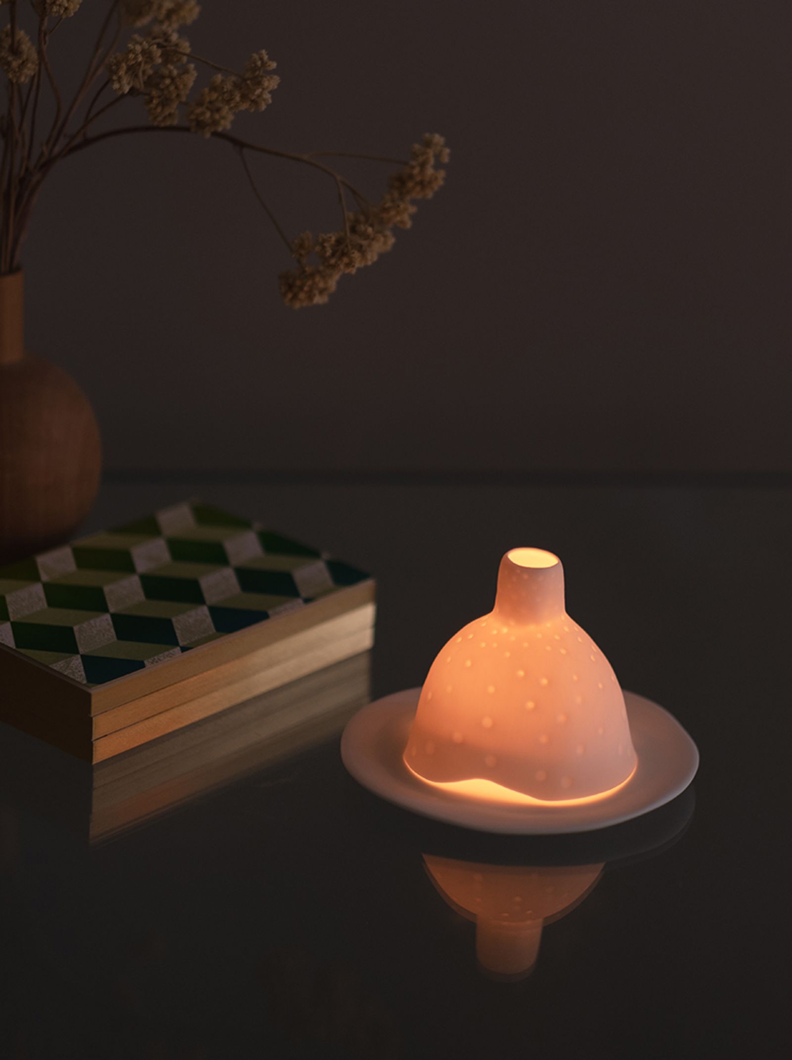 ceramic lamp glows to show glaze and texture