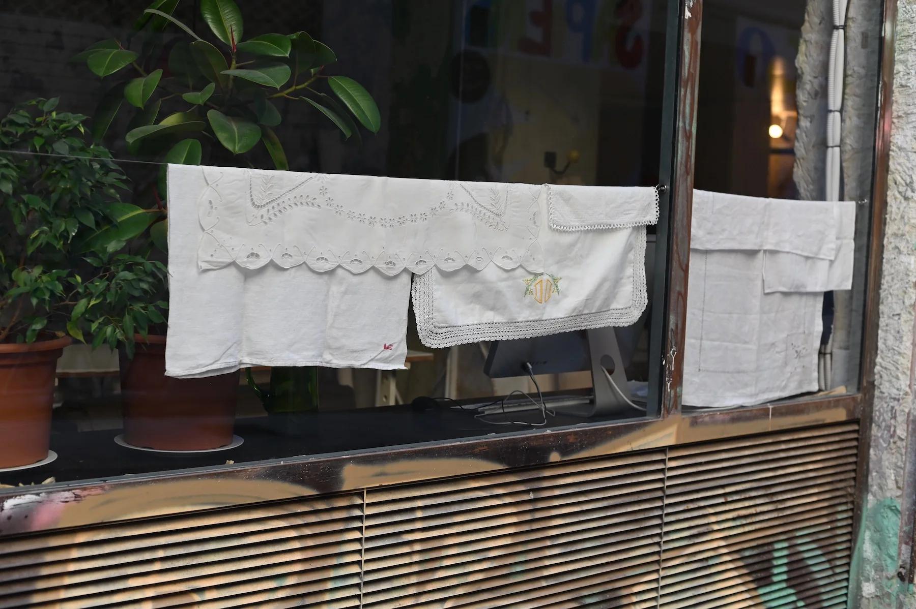 Two potted plants inside building, visible through window with hanging linens. Street reflections and graffiti visible.