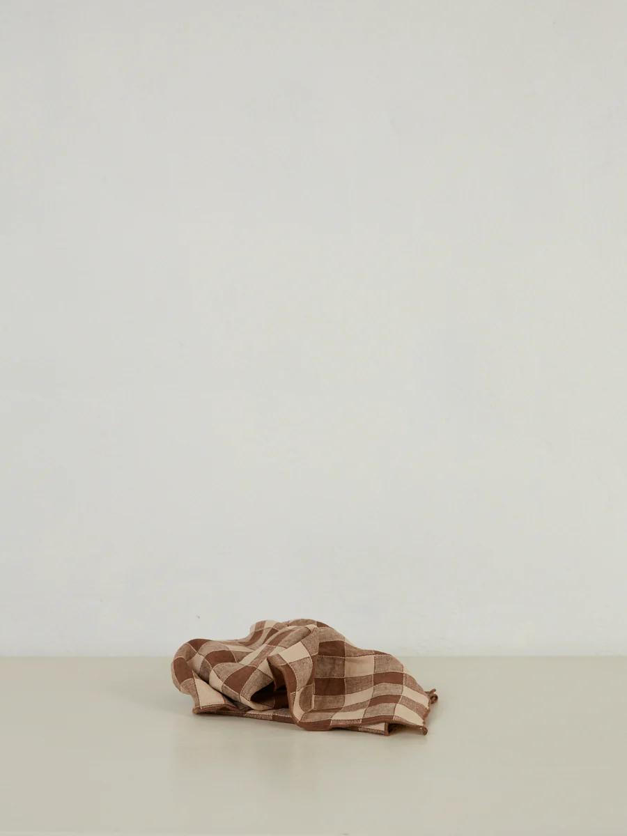 Brown and beige checkered cloth on cream surface. Plain light background.