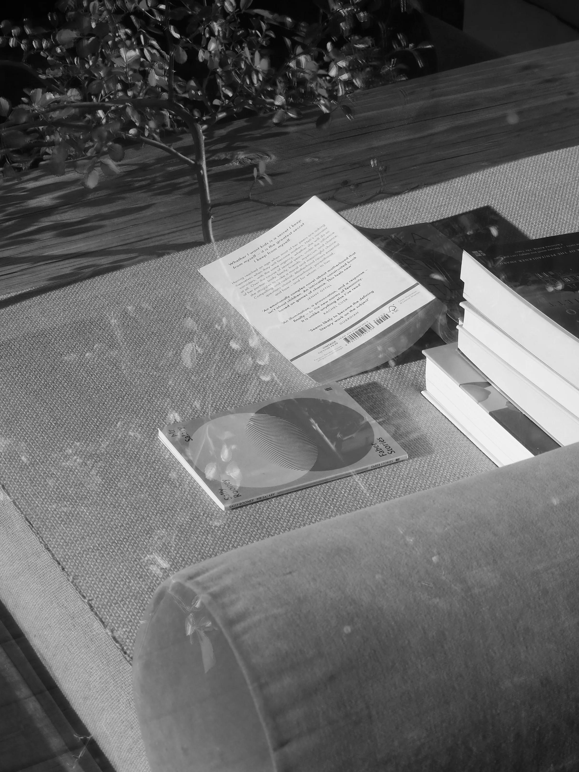 Black and white image of a cozy reading nook with a couch, books, and papers. A plant adds nature, while natural light filters in.