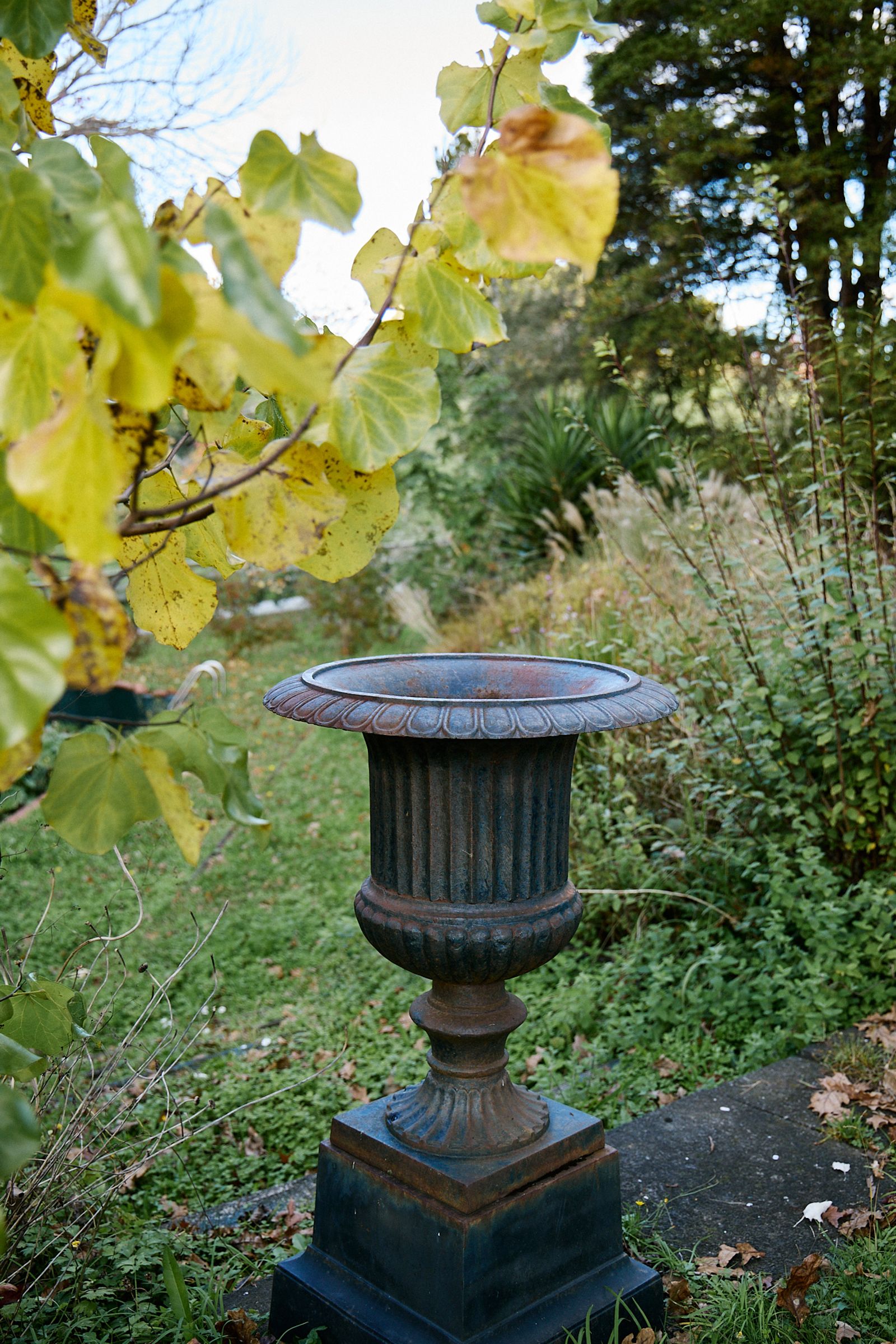 tarnish steel vase lies dormant in the garden
