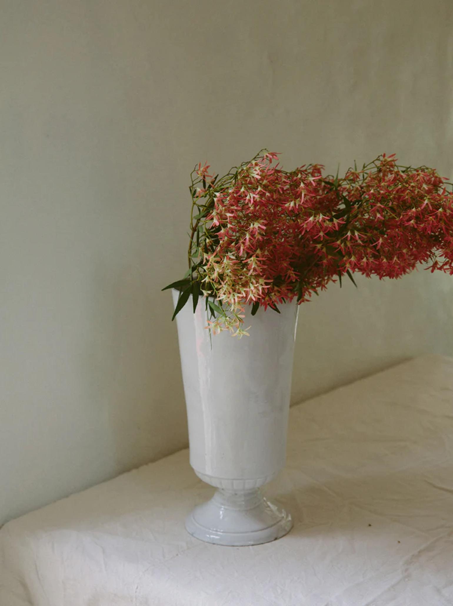 Tall white vase from French ceramic house holds drooping clusters of pink and white flowers. Placed on white-clothed table against plain background.