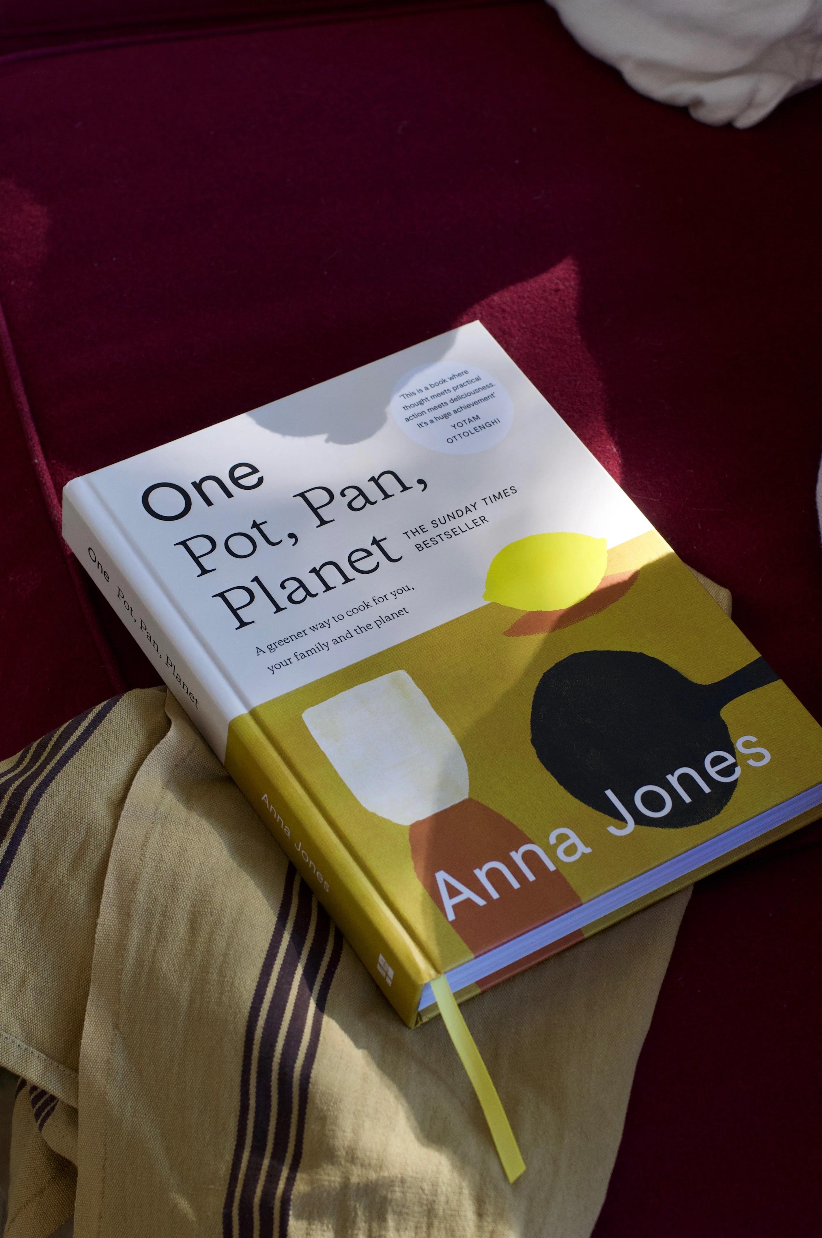 "One: Pot, Pan, Planet" book by Anna Jones on red surface. Striped fabric visible. Abstract cover art.