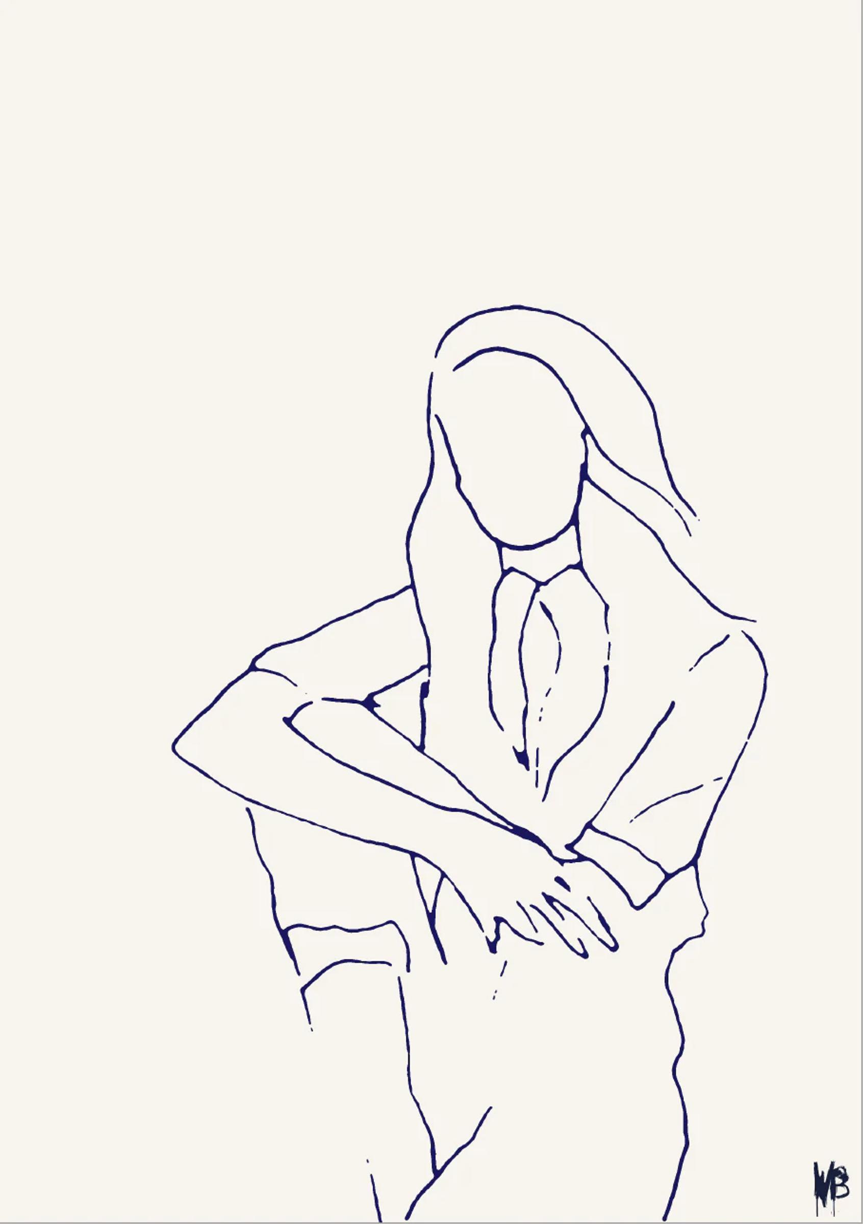 Simple line drawing of a person with long hair, sitting with arm on knee. Wearing shirt and tie. Artist's initials "M B" in corner.