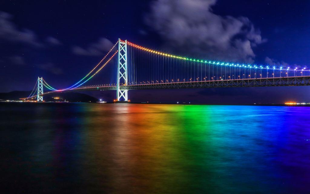 Akashi-Kaikyo Bridge lit up in rainbow in Hyogo prefecture