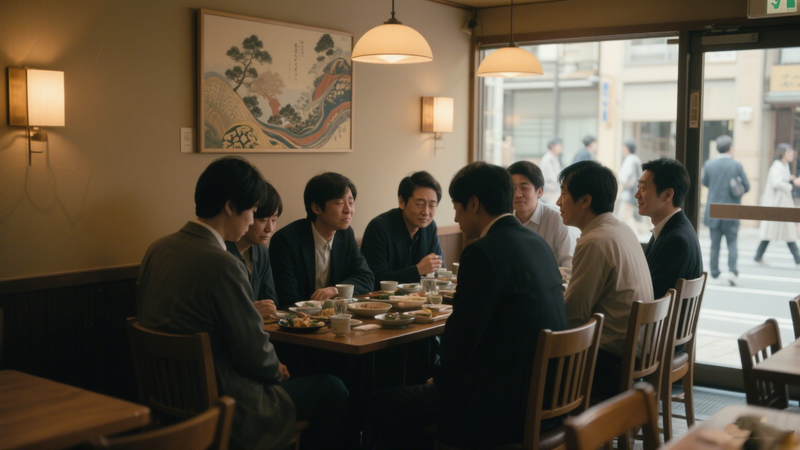 Coworkers discussing with one another during a meal