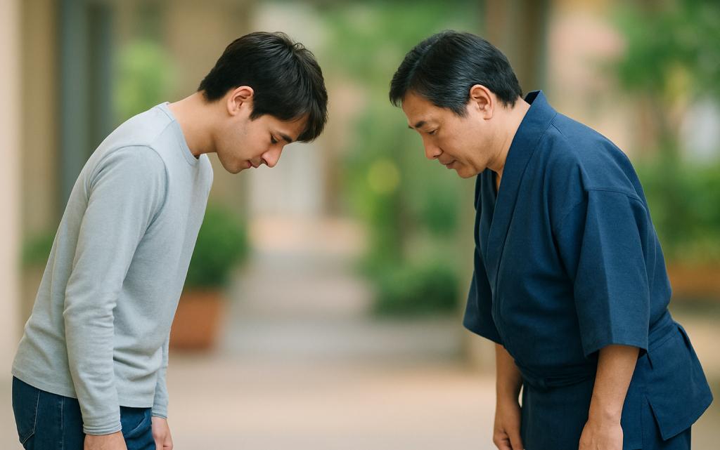 Two Japanese people bowing to each other in respect