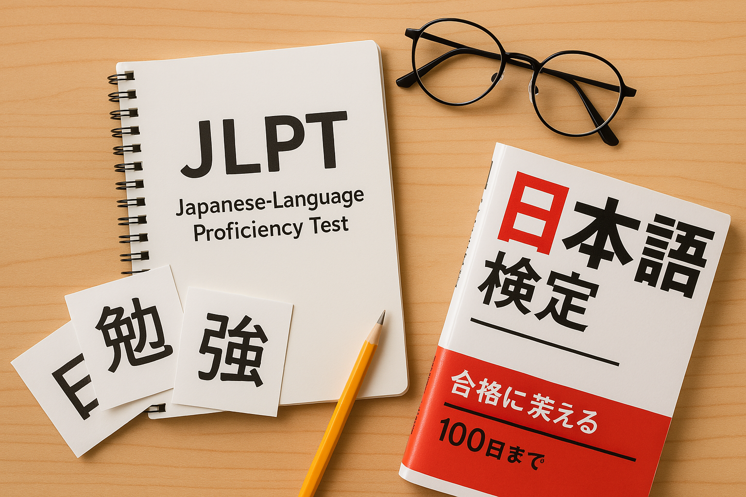 JLPT exam books, guides, glasses, and pencil