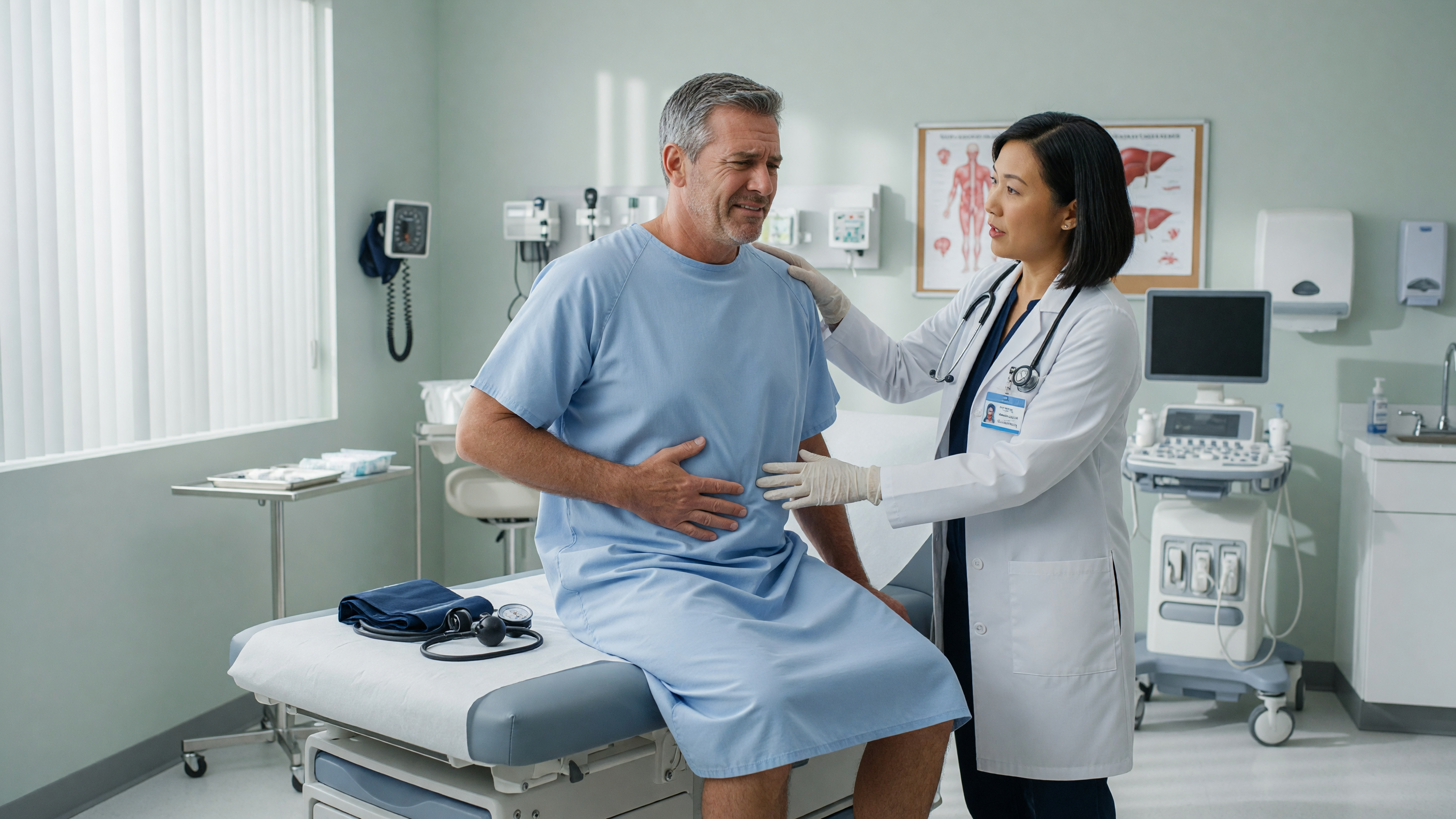 Man holding his stomach with right side abdominal pain after eating during a doctor consultation