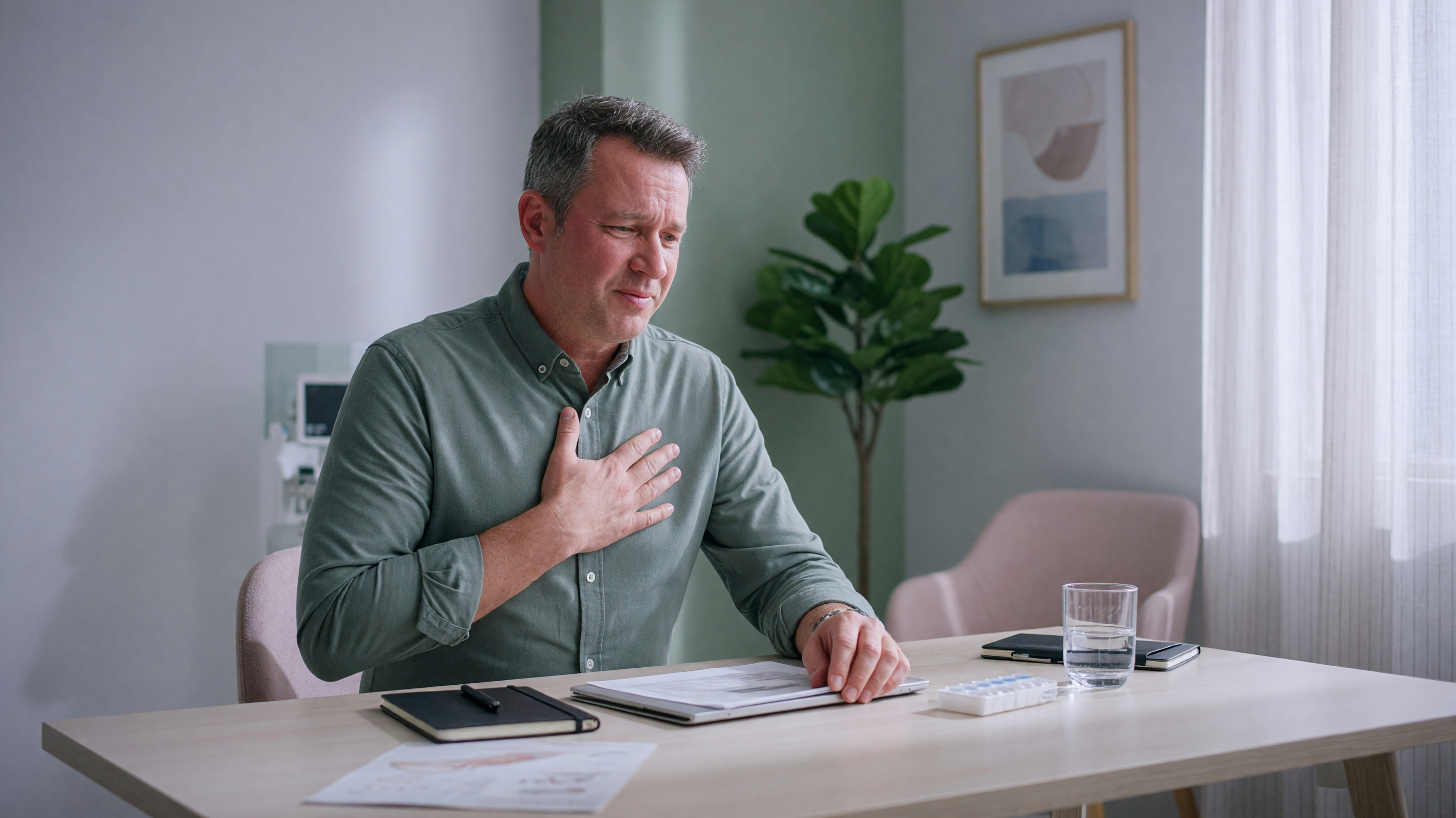 Anxious person clutching chest illustrating how stress and GERD symptoms are connected