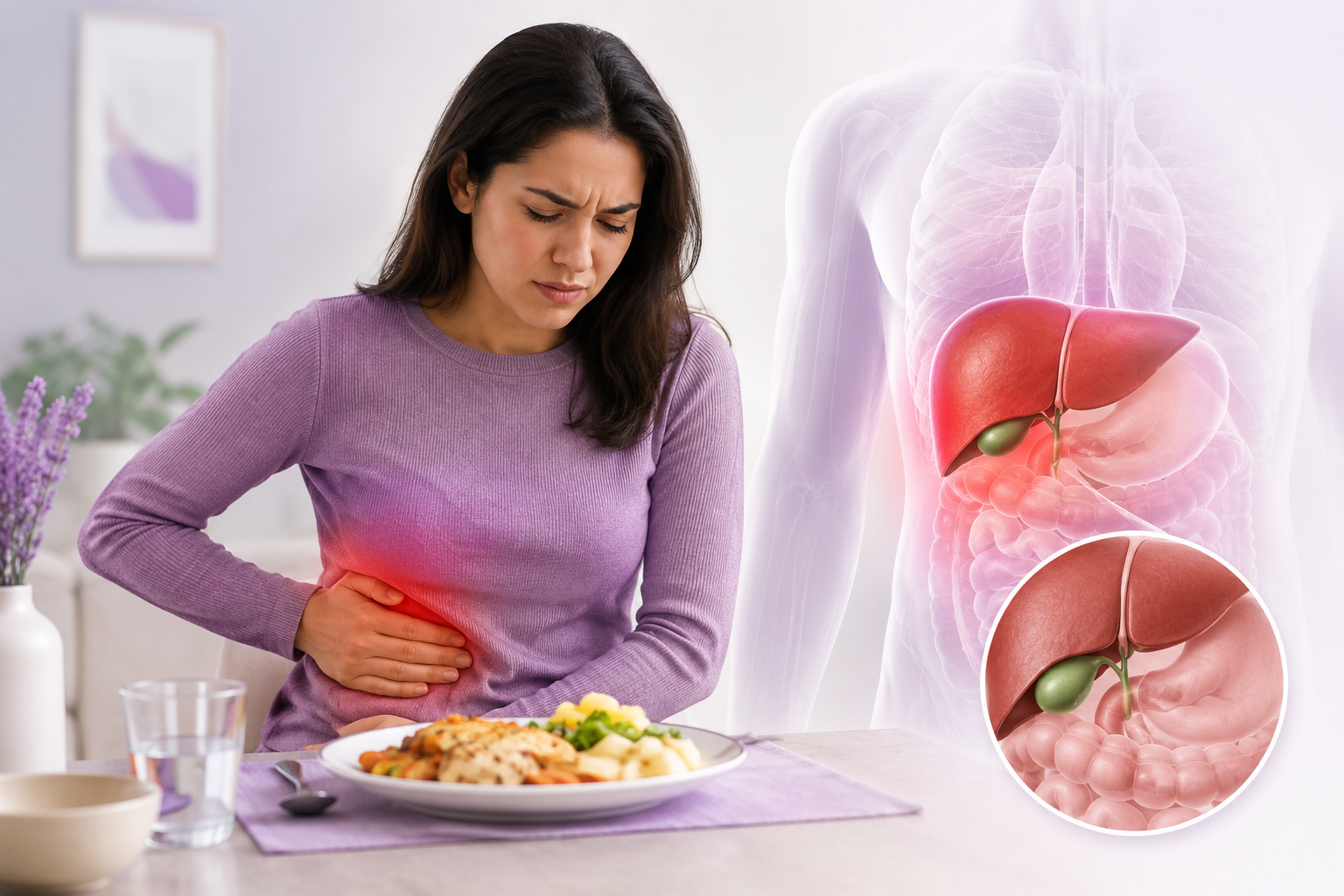 Person holding their side experiencing right side abdominal pain after eating