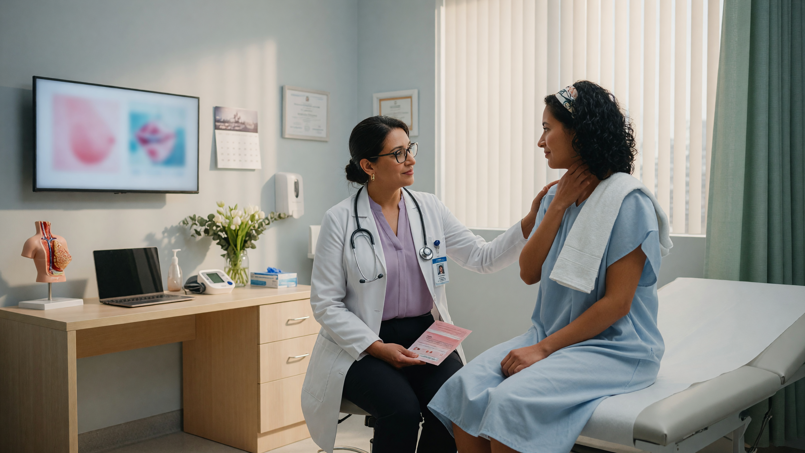 Doctor examining a patient for breast lump symptoms during a clinical breast check