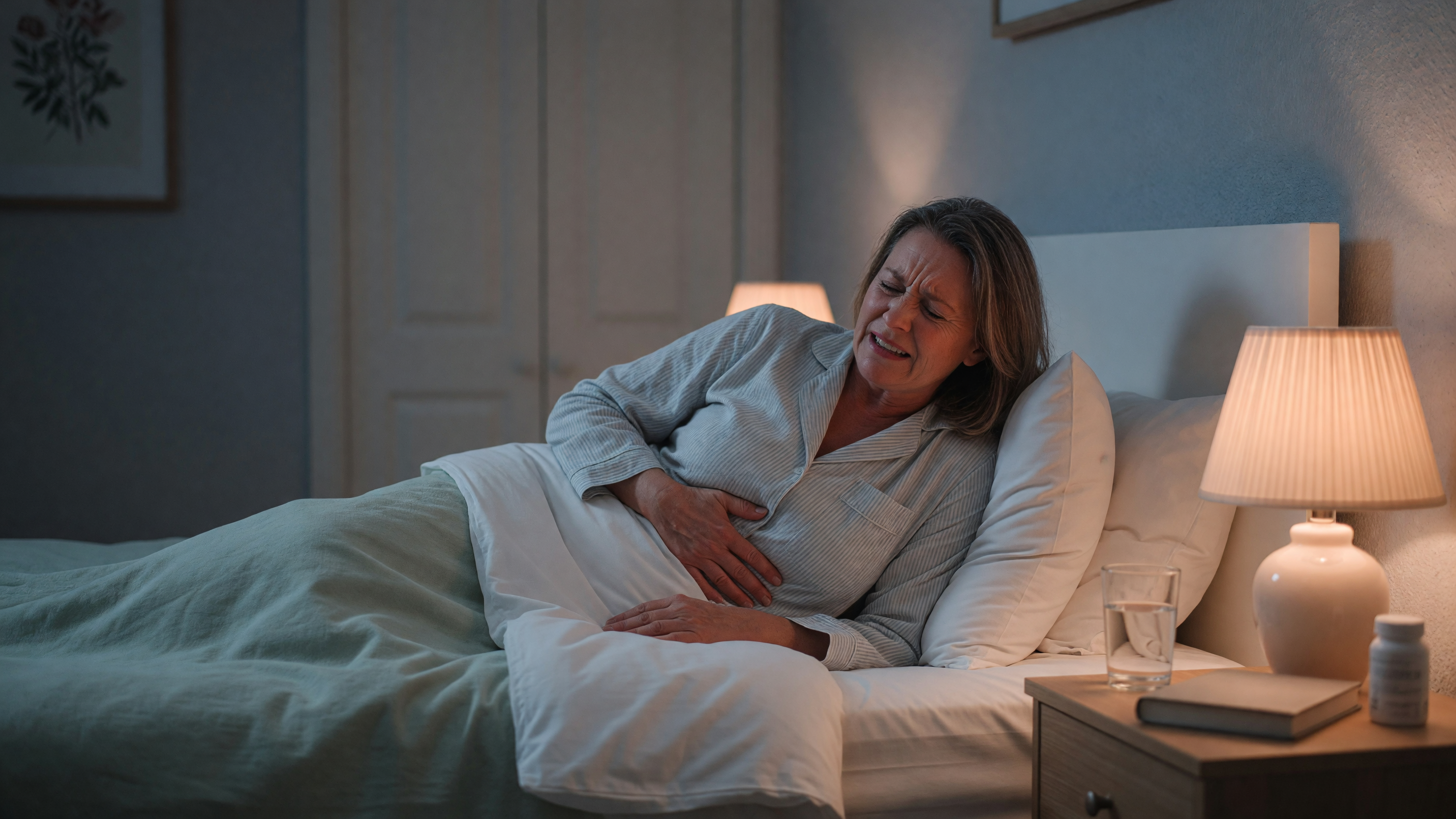 Person experiencing gallbladder pain at night holding their upper right abdomen in bed