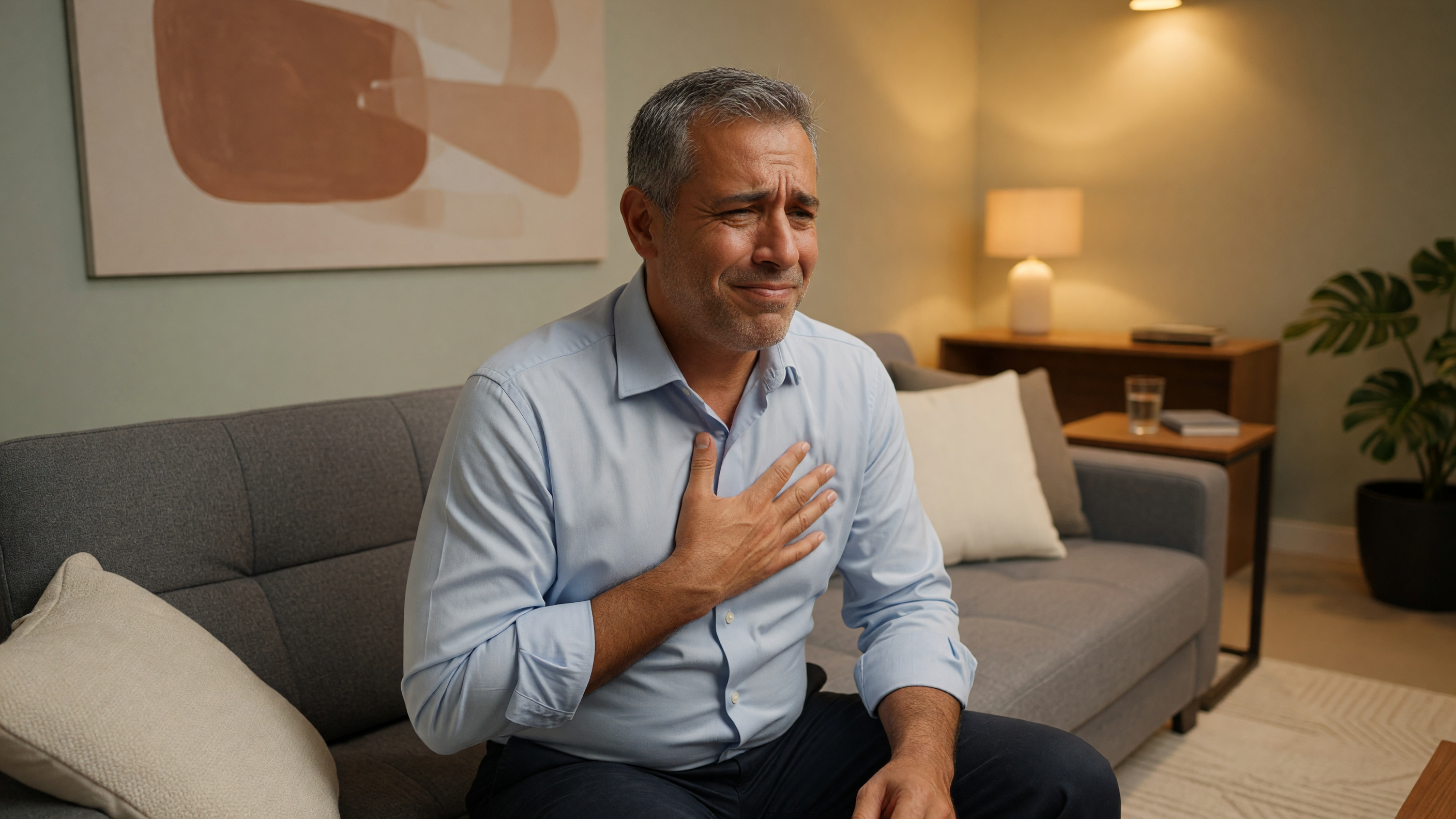 Man holding his chest experiencing GERD chest pain from acid reflux