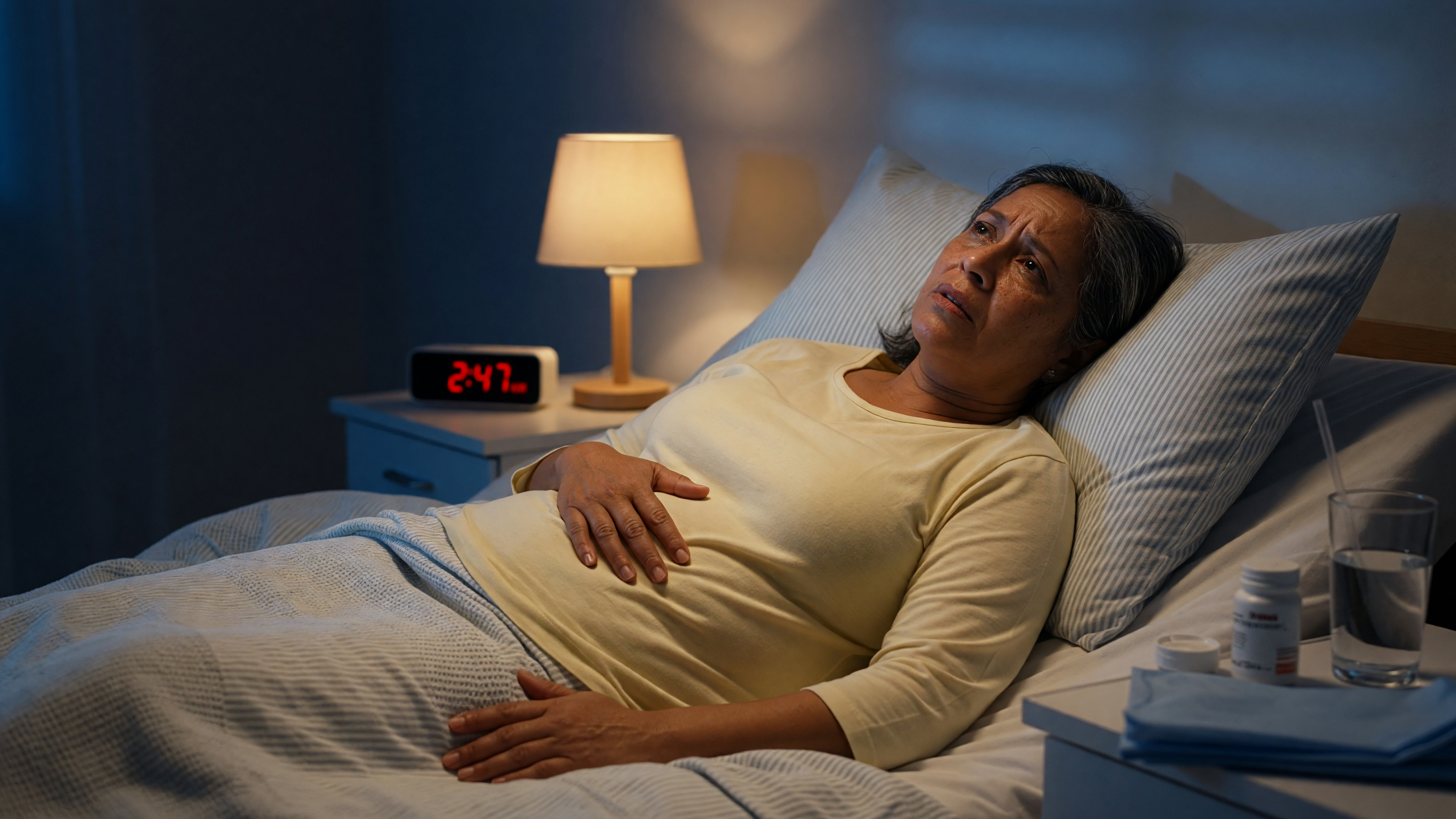 Person experiencing gallbladder pain at night holding upper-right abdomen in bed