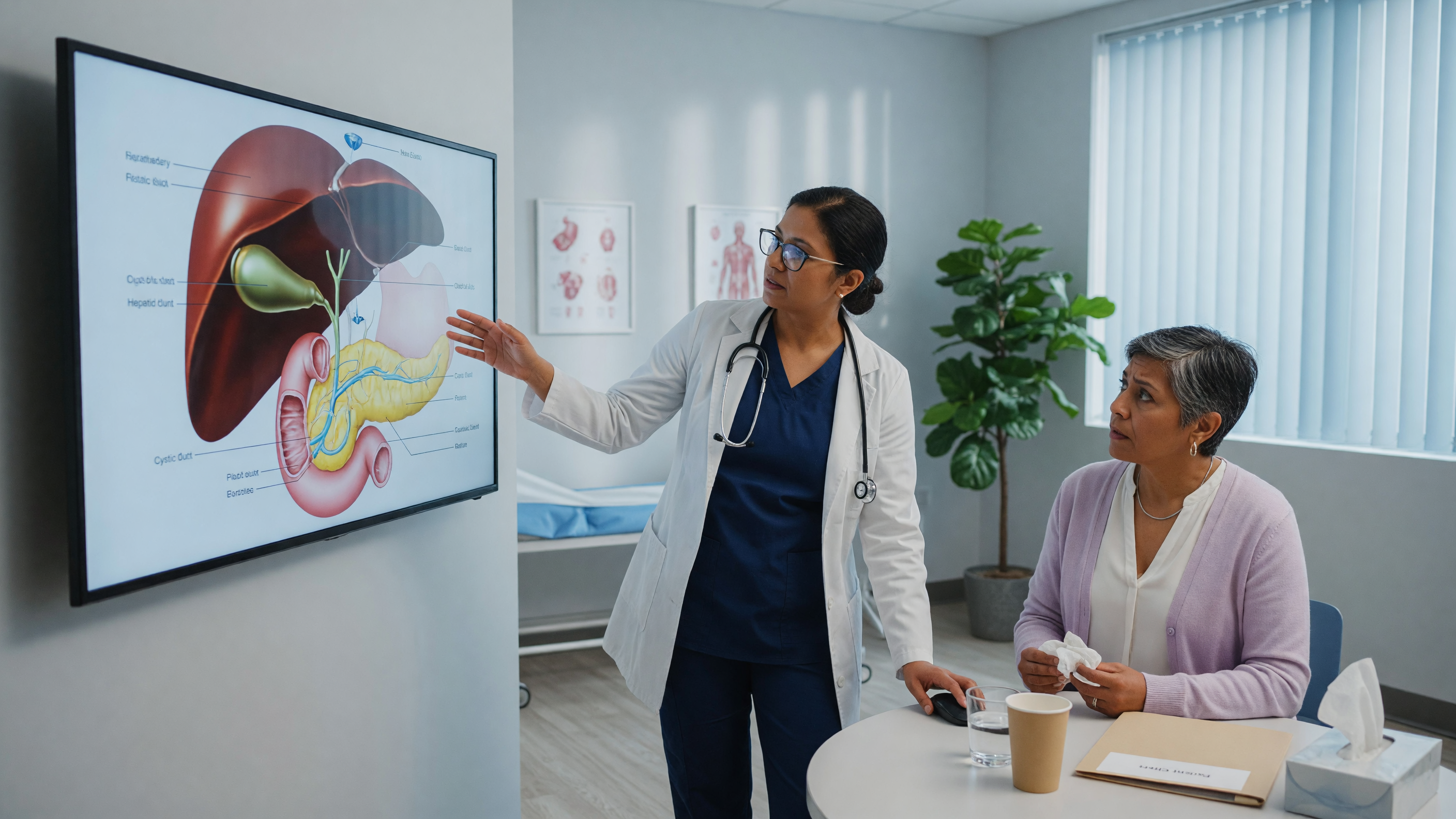 Doctor explaining gallstone symptoms and gallbladder anatomy to a patient at Lux Hospitals
