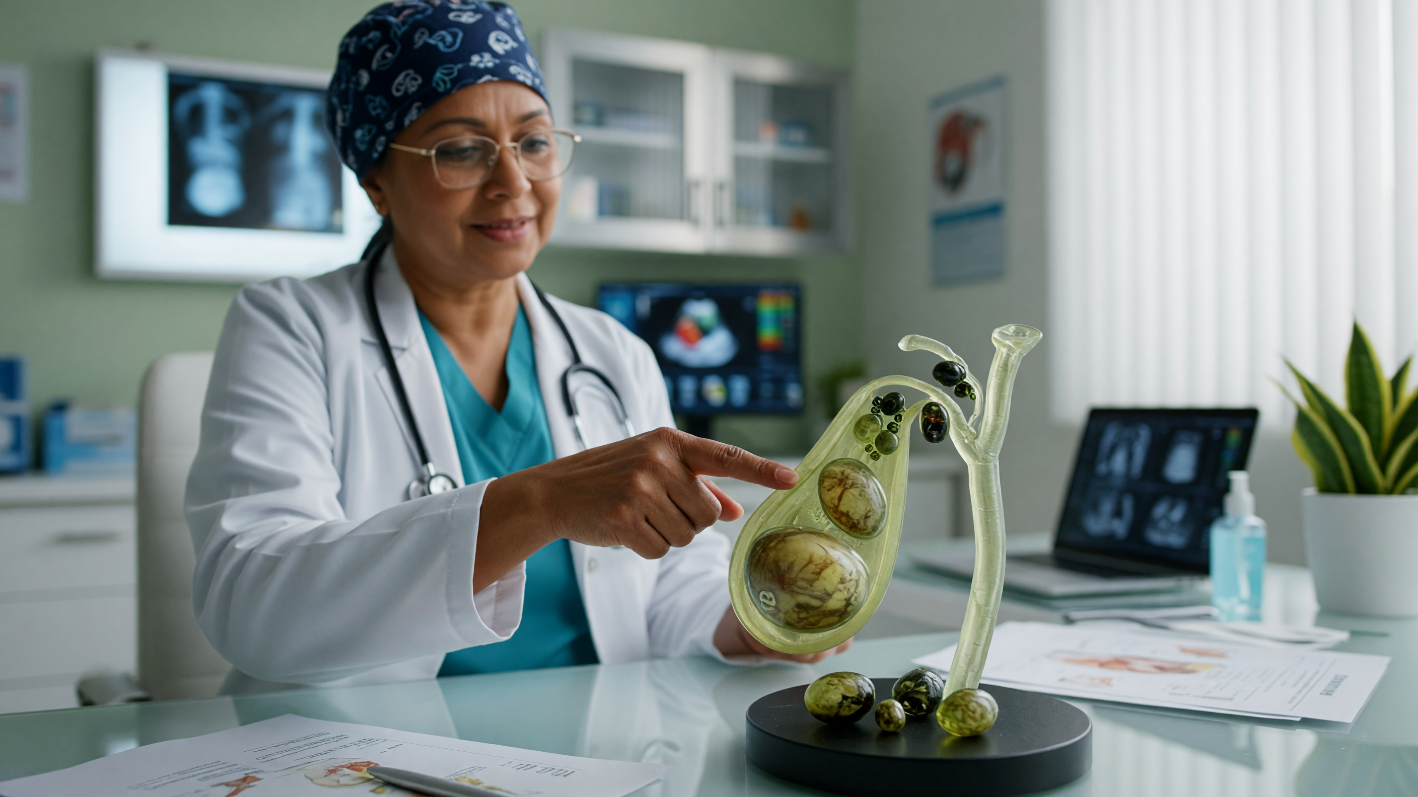 Medical illustration showing untreated gallstones and gallbladder complications explained by a surgeon