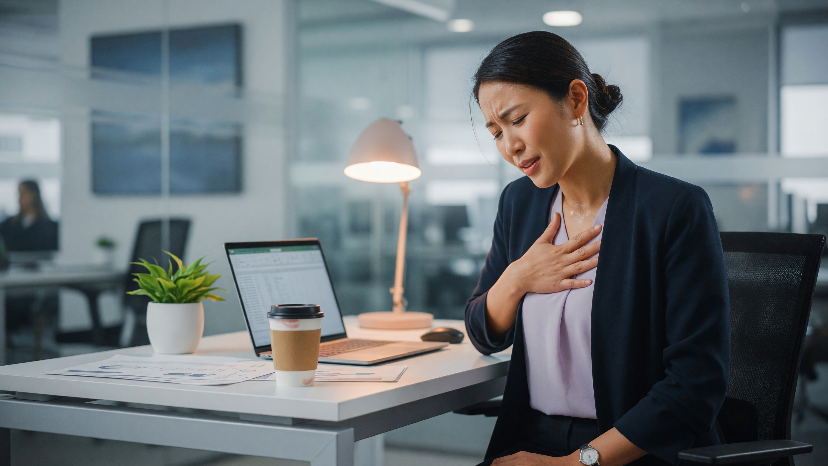 Office worker experiencing acid reflux causes while sitting at a desk with heartburn