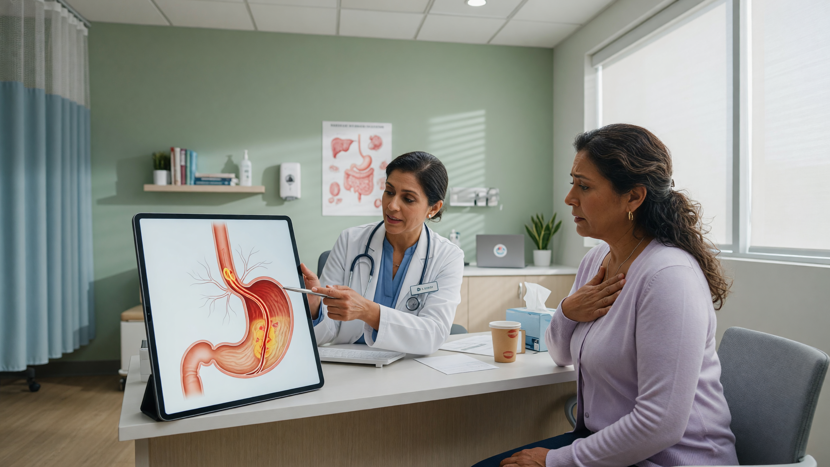 Doctor explaining acid reflux symptoms and GERD to a patient at Lux Hospitals