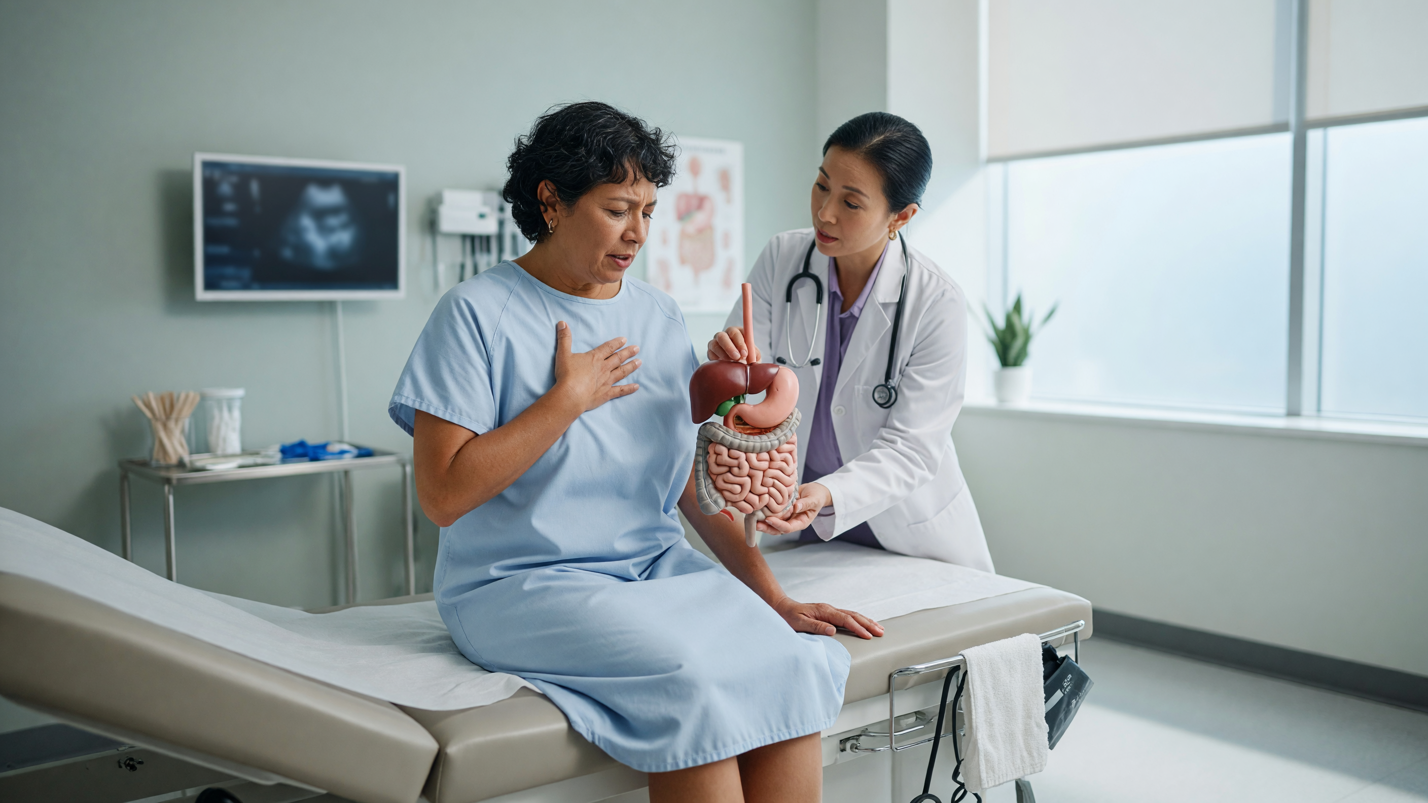 Patient experiencing chronic heartburn holding chest, illustrating recurring acid reflux despite medication