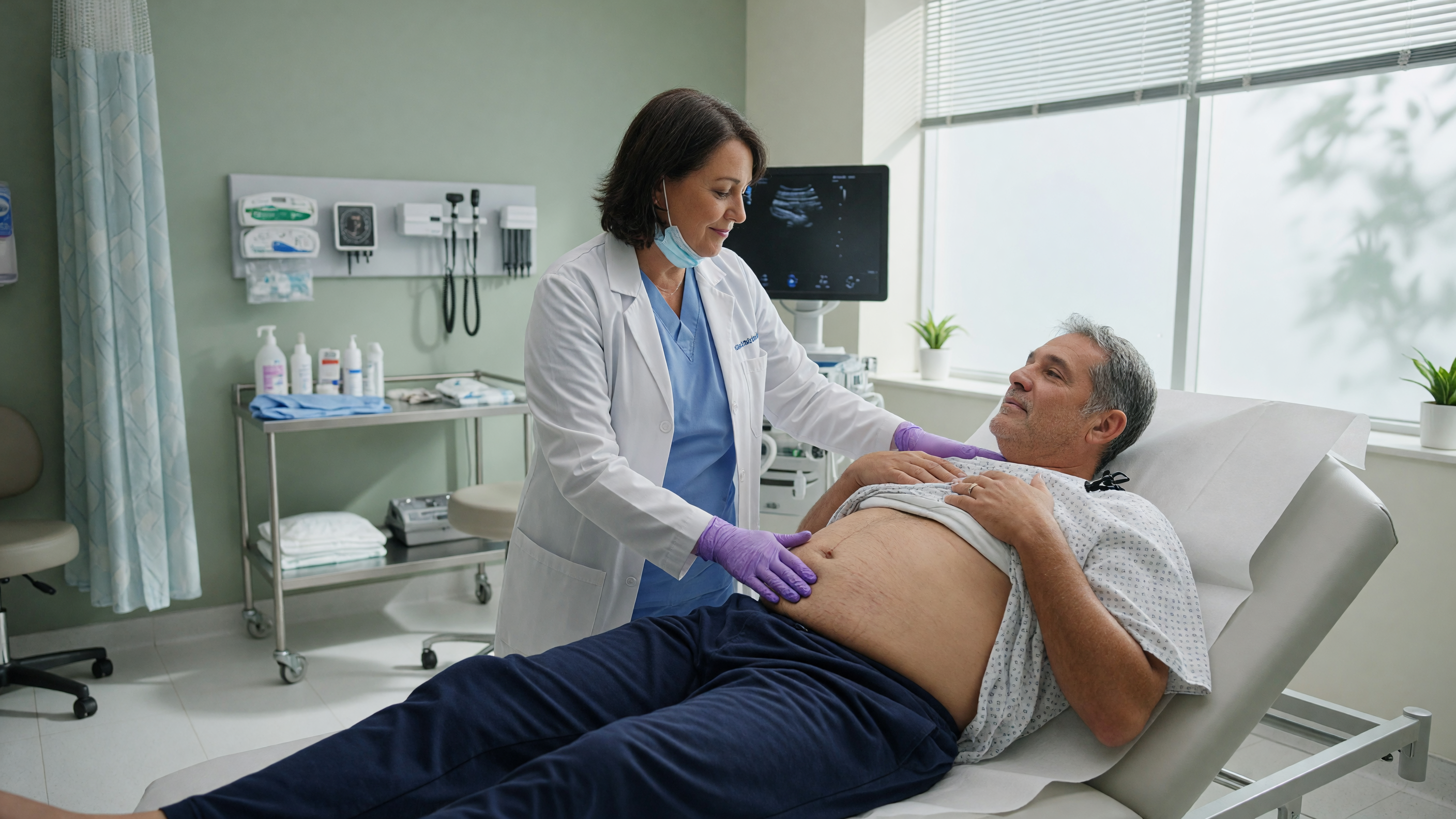 Doctor examining a patient's abdomen for a hernia without pain during consultation