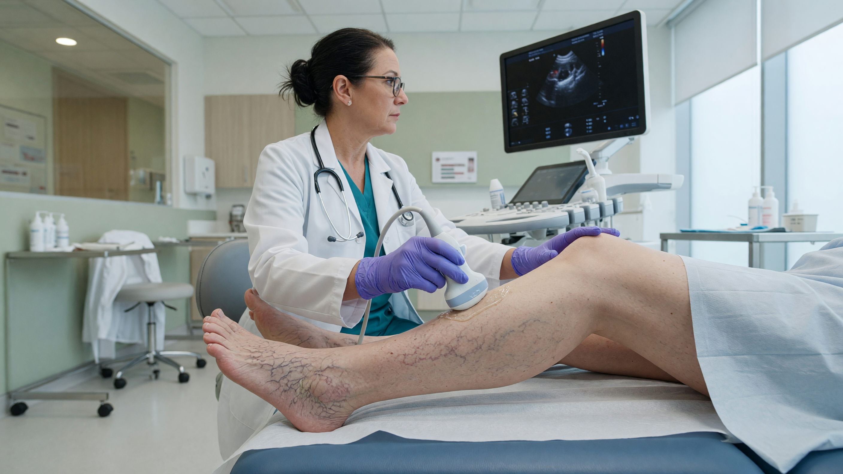 Doctor examining a patient's leg for varicose veins treatment at Lux Hospitals