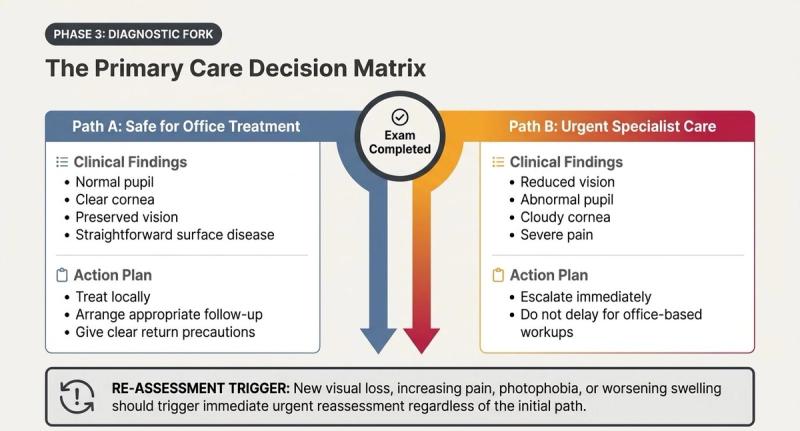 Primary care decision matrix for red eye: treat in the office when vision, pupil and cornea are normal; escalate for reduced vision, abnormal pupil, cloudy cornea or severe pain.