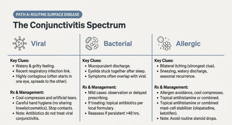 Viral, bacterial and allergic conjunctivitis compared: key clues and management for each.
