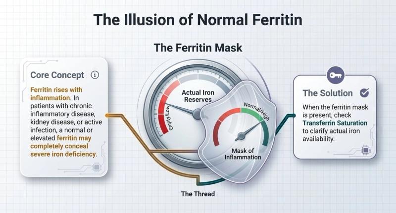 The ferritin mask: ferritin rises with inflammation, so a normal ferritin can hide iron deficiency in chronic inflammatory disease, kidney disease or infection; check transferrin saturation.