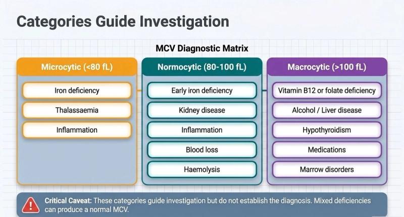 MCV diagnostic matrix: microcytic, normocytic and macrocytic anaemia with the main causes in each group, and the caveat that mixed deficiencies can give a normal MCV.