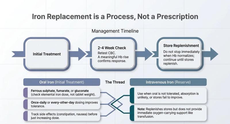 Iron replacement timeline: start oral iron, recheck the blood count in 2 to 4 weeks, and continue until the stores are full; intravenous iron when oral iron fails or is not tolerated.